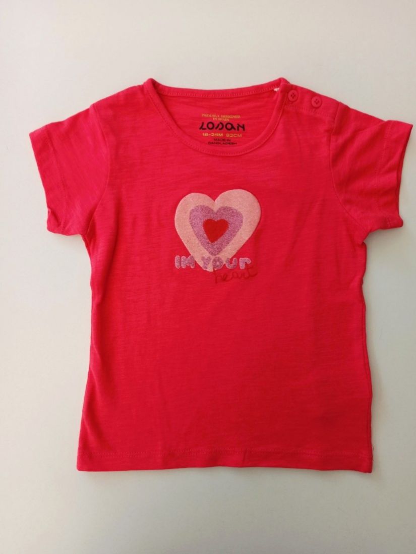 Βρεφική μπλούζα κοντομάνικη βαμβακερή με κουμπάκια για άνοιγμα και print glitter heart φούξια