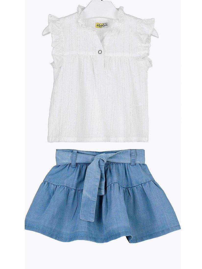 Σετ πουκάμισο με ασημοκλωστή και τζιν φούστα με ζώνη λευκό