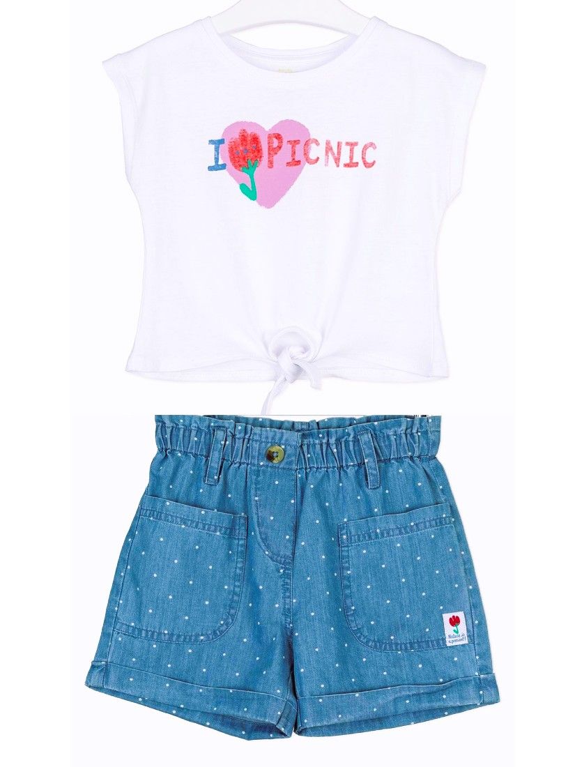 Σετ μπλούζα με δέσιμο και πουά τζιν σορτς με τσέπες και ρεβέρ λευκό