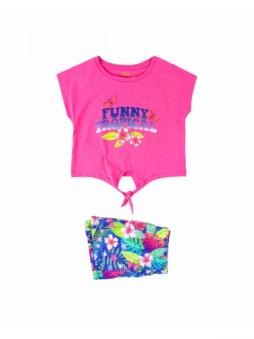 Σετ μπλούζα με δέσιμο και φλοράλ σορτς  φούξια