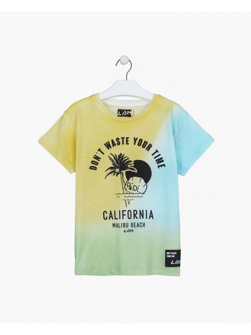 Σετ μπλούζα με print 'Malibu Beach' και τζιν βερμούδα με ρεβέρ κίτρινο