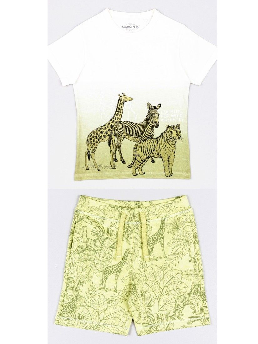 Σετ μπλούζα και βερμούδα με τσέπες και print jungle animals χακί