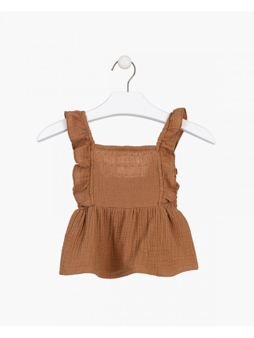 Τοπ λινό μονόχρωμο με ανάγλυφες λεπτομέρειες και βολάν καφέ