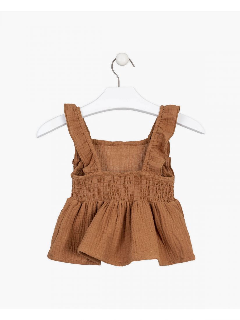 Τοπ λινό μονόχρωμο με ανάγλυφες λεπτομέρειες και βολάν καφέ