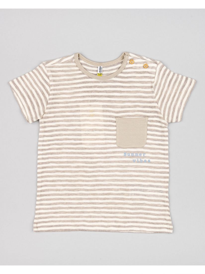 Μπλούζα ριγέ με κουμπάκια και τσέπη και print Summer Vibes μπεζ