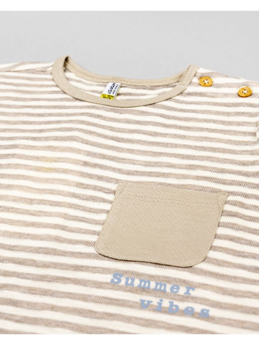 Μπλούζα ριγέ με κουμπάκια και τσέπη και print Summer Vibes μπεζ