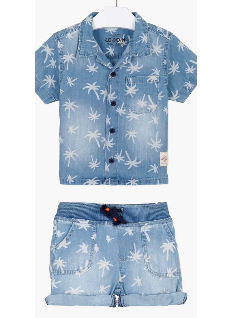Σετ πουκάμισο τζιν με τσέπη και βερμούδα με print φοίνικες μπλε