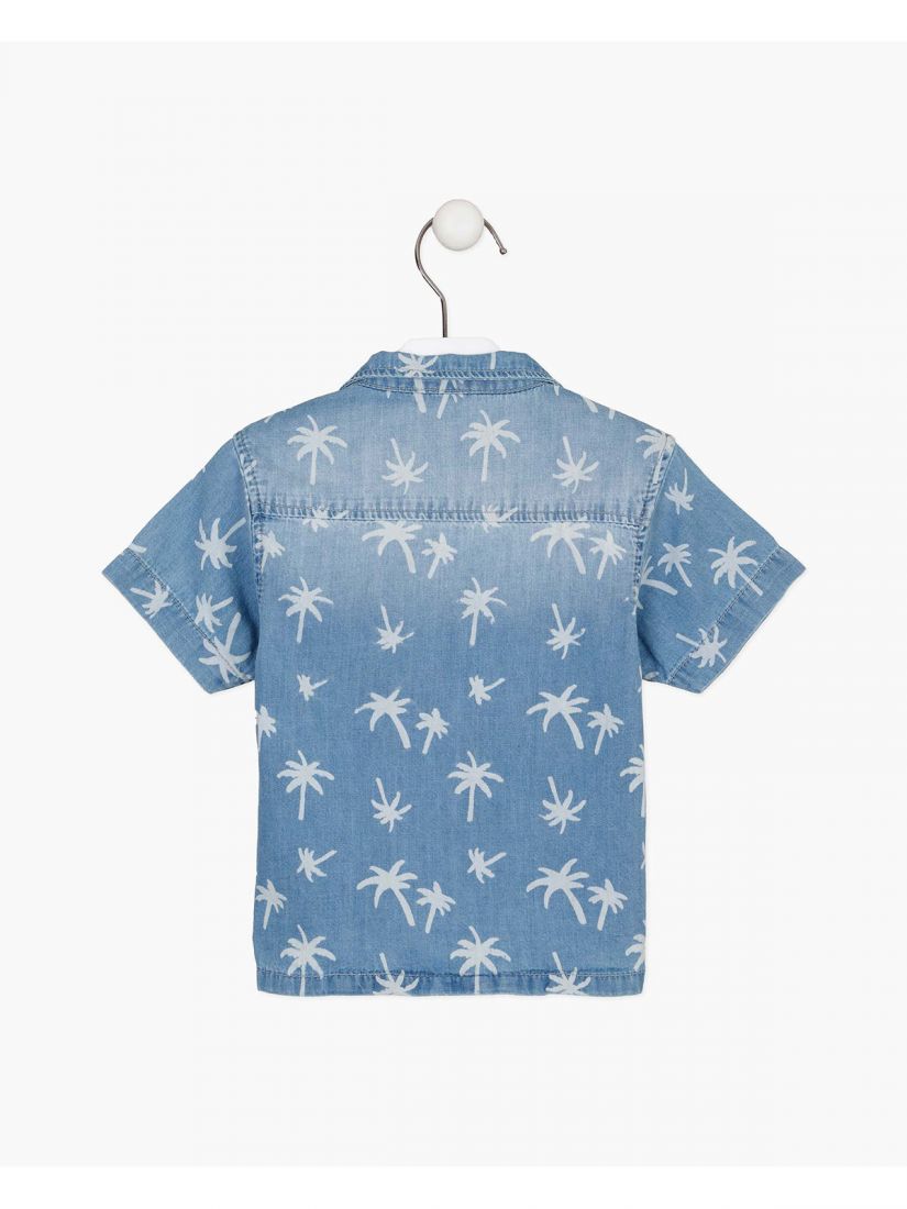 Σετ πουκάμισο τζιν με τσέπη και βερμούδα με print φοίνικες μπλε