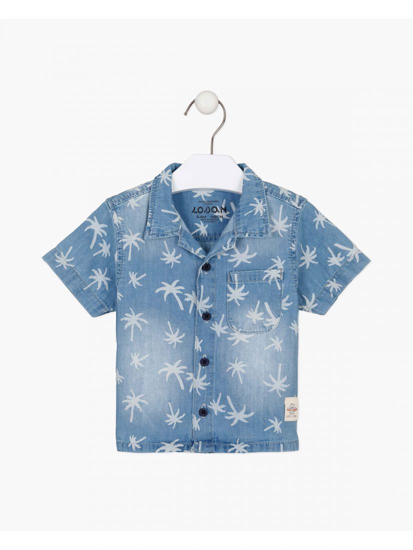 Σετ πουκάμισο τζιν με τσέπη και βερμούδα με print φοίνικες μπλε
