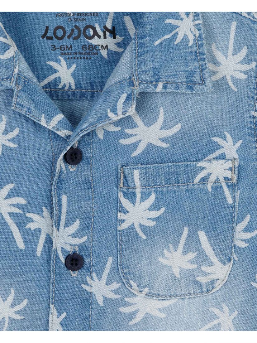 Σετ πουκάμισο τζιν με τσέπη και βερμούδα με print φοίνικες μπλε