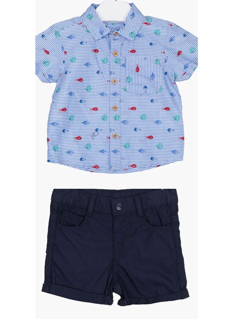 Σετ πουκάμισο με τσέπη και print βυθός και βερμούδα μονόχρωμη μπλε