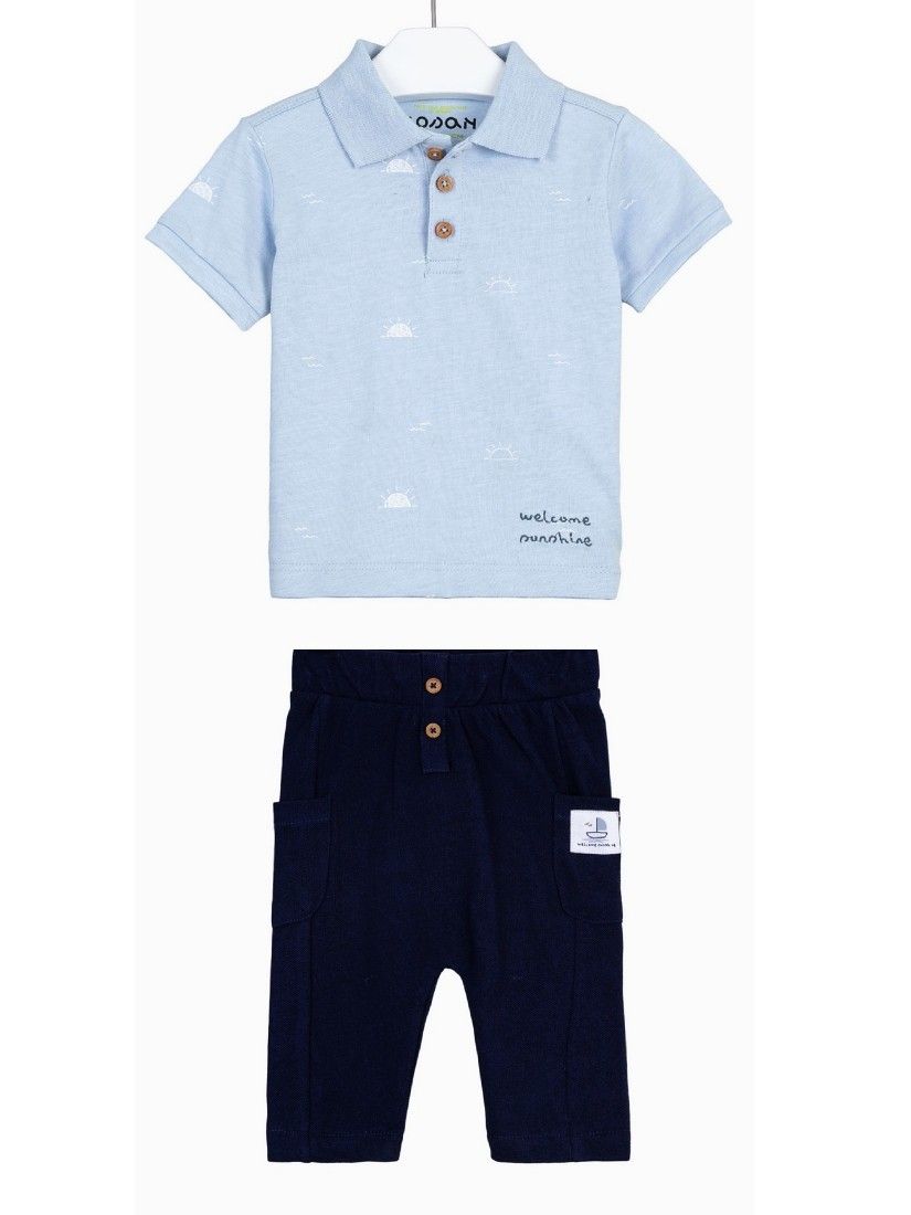 Σετ μπλούζα Polo και κέντημα 'Welcome Sunshine' και παντελόνι με τσέπες μπλε