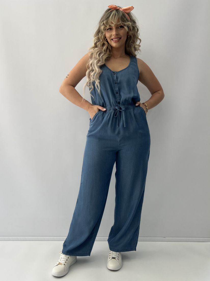 Φόρμα ολόσωμη αμάνικη denim με λάστιχο στη μέση και κουμπιά μπλε
