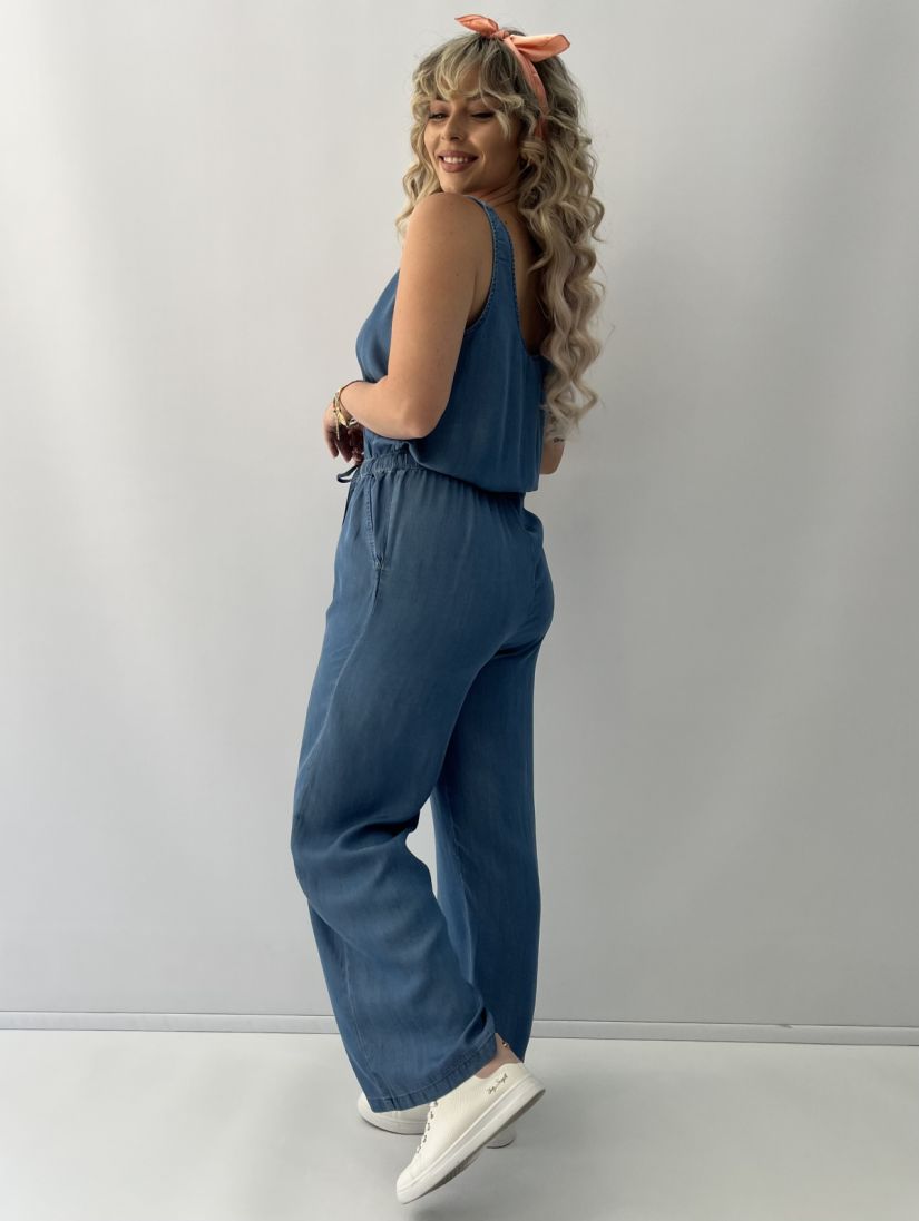 Φόρμα ολόσωμη αμάνικη denim με λάστιχο στη μέση και κουμπιά μπλε