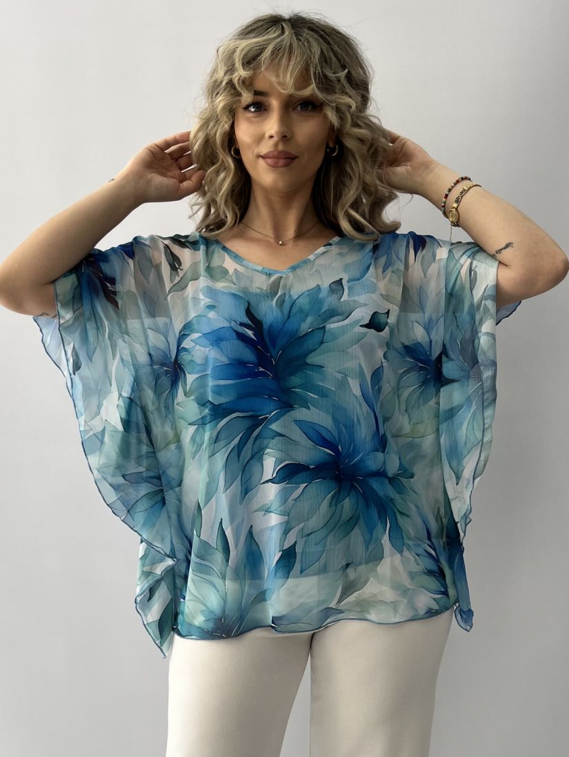 Πουκαμίσα εμπριμέ μουσελίνα με βολάν στο μανίκι και τοπ μπλε