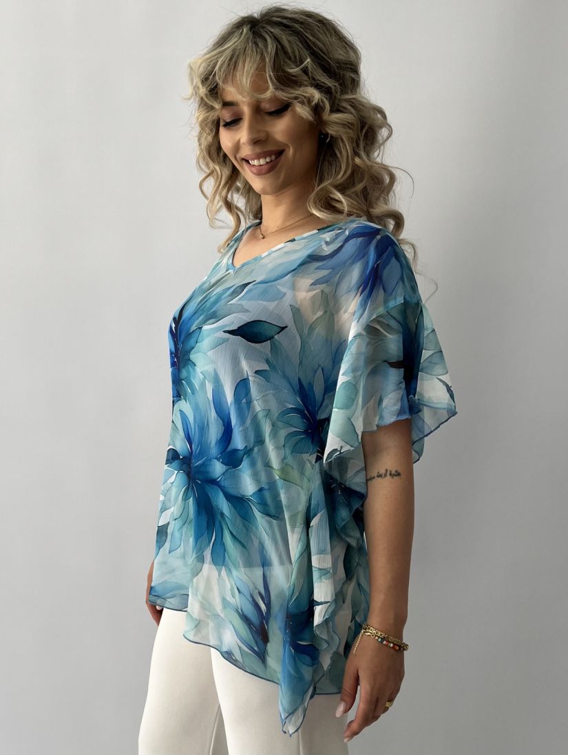 Πουκαμίσα εμπριμέ μουσελίνα με βολάν στο μανίκι και τοπ μπλε