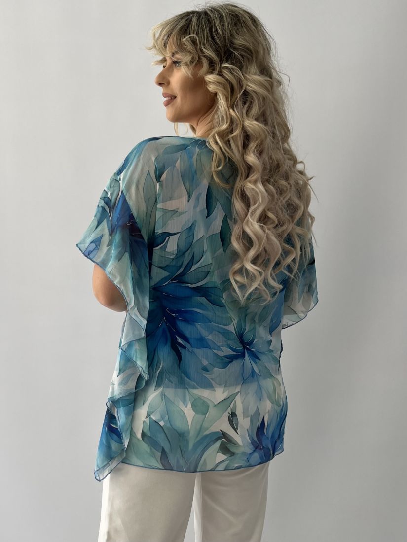 Πουκαμίσα εμπριμέ μουσελίνα με βολάν στο μανίκι και τοπ μπλε