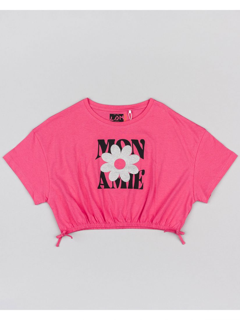Μπλούζα κοντομάνικη κροπ βαμβακερή με διάφορα print φούξια