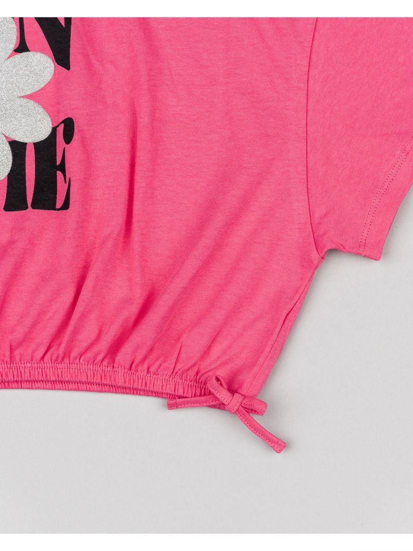 Μπλούζα κοντομάνικη κροπ βαμβακερή με διάφορα print φούξια