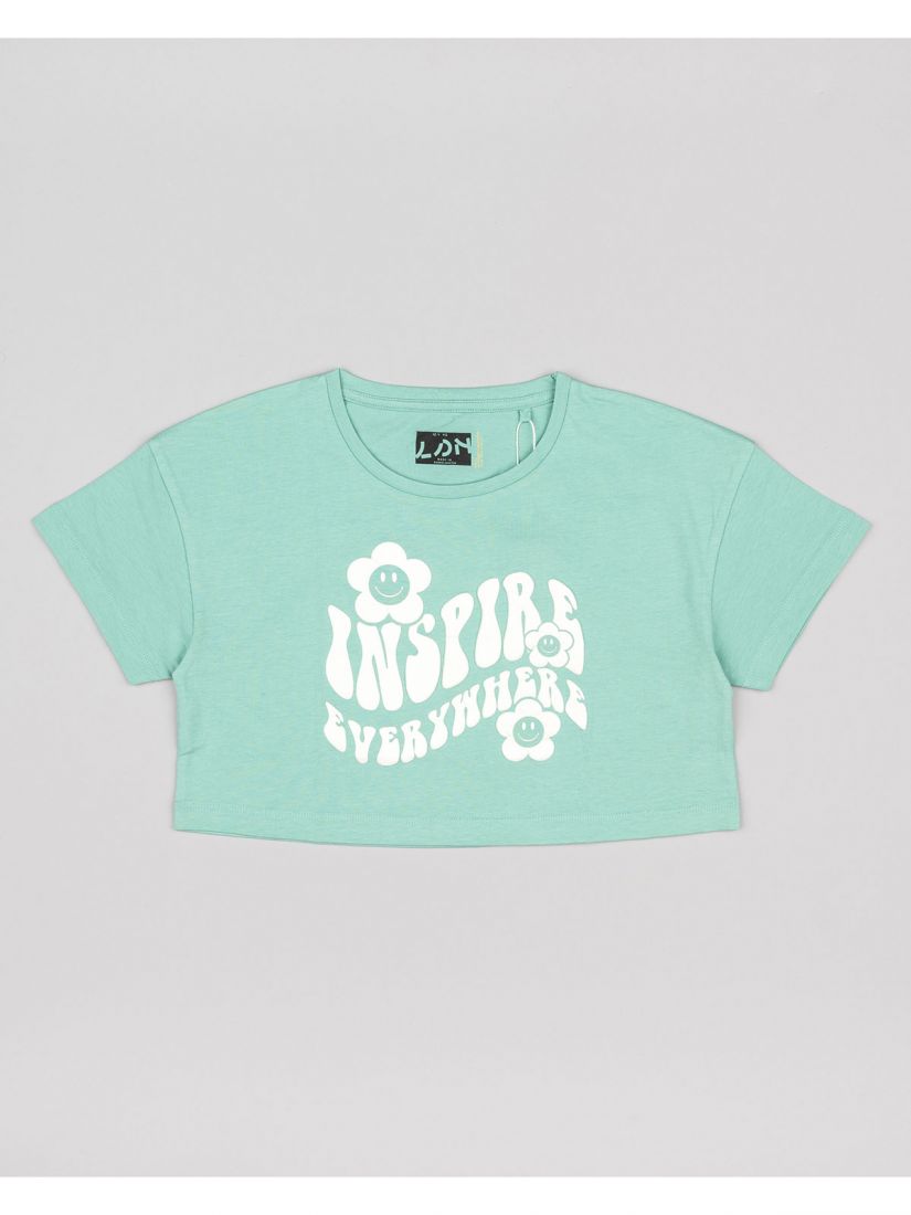 Μπλούζα κοντομάνικη κροπ βαμβακερή με διάφορα print μέντα