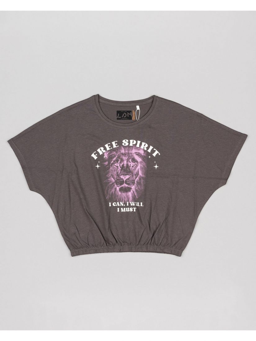 Μπλούζα κοντομάνικη κροπ βαμβακερή με διάφορα print ανθρακί