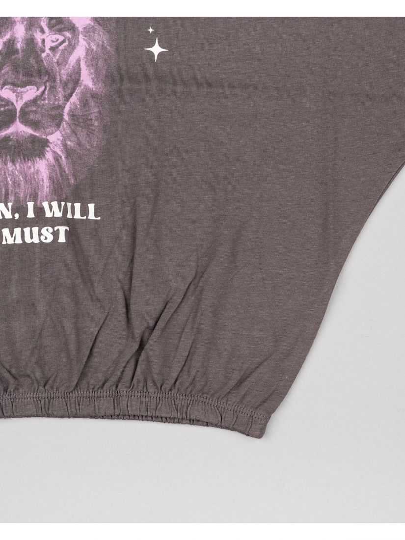 Μπλούζα κοντομάνικη κροπ βαμβακερή με διάφορα print ανθρακί