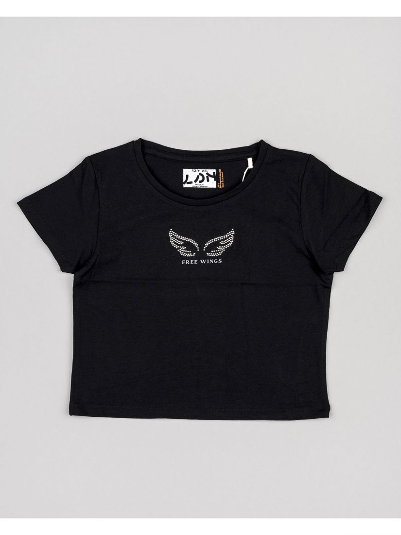 Μπλούζα κοντομάνικη κροπ βαμβακερή με διάφορα print μαύρο