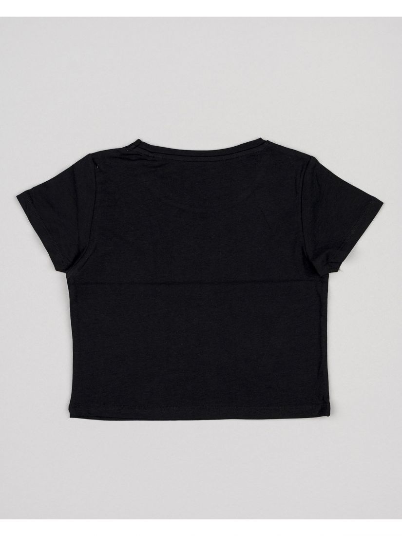 Μπλούζα κοντομάνικη κροπ βαμβακερή με διάφορα print μαύρο