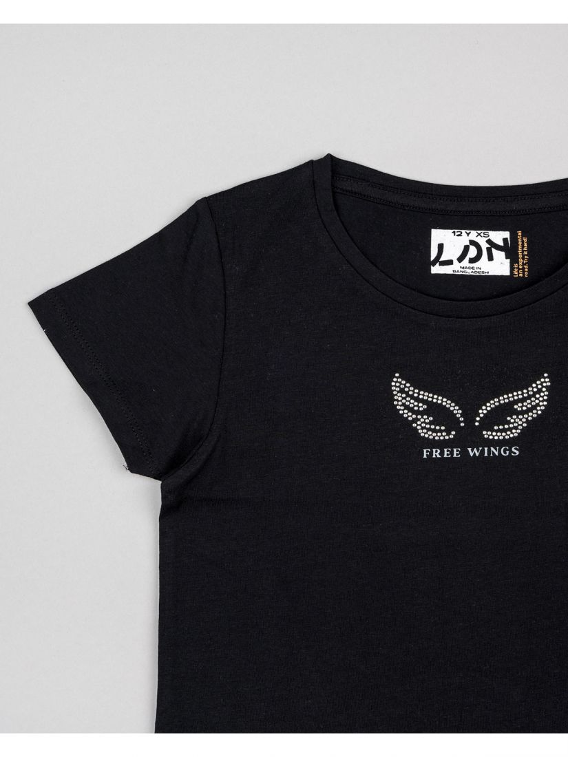 Μπλούζα κοντομάνικη κροπ βαμβακερή με διάφορα print μαύρο