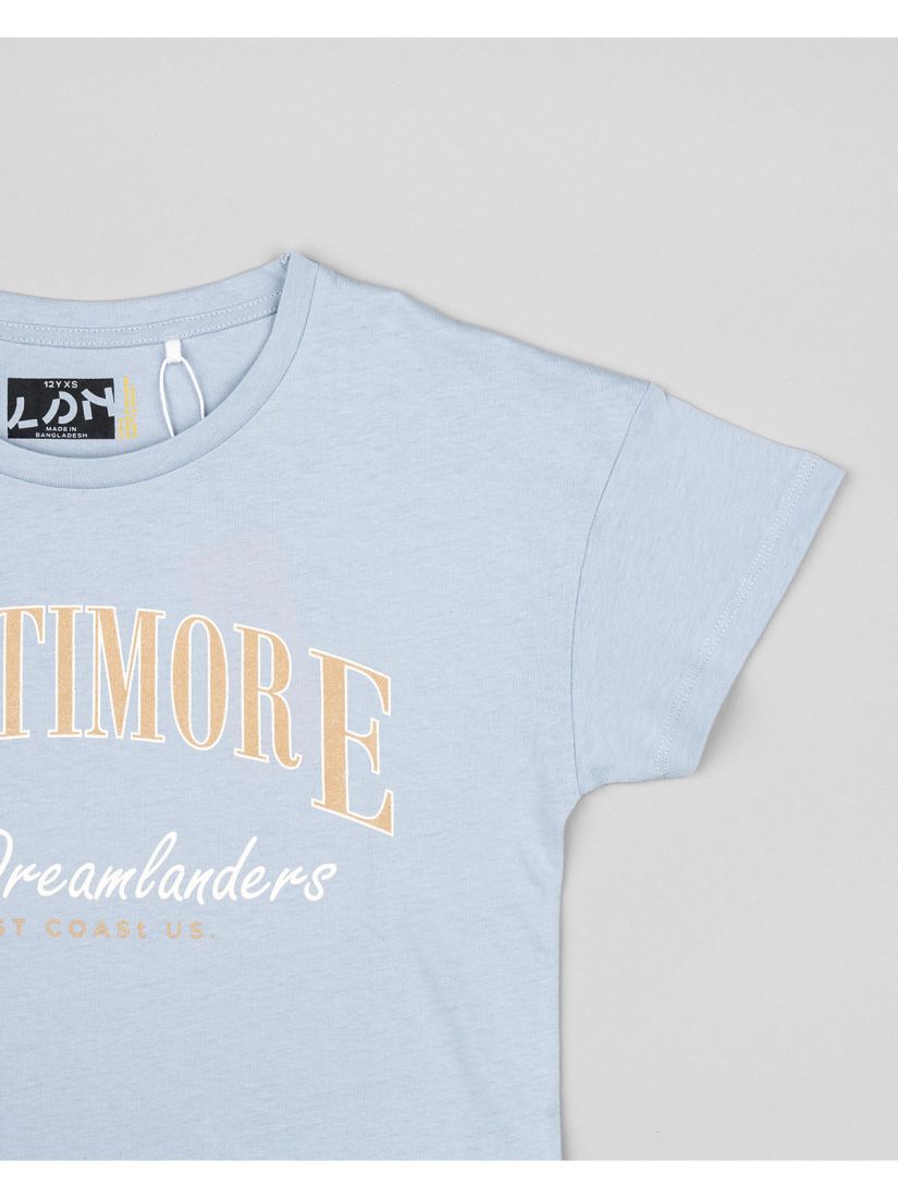 Μπλούζα κοντομάνικη κροπ βαμβακερή με διάφορα print γαλάζιο