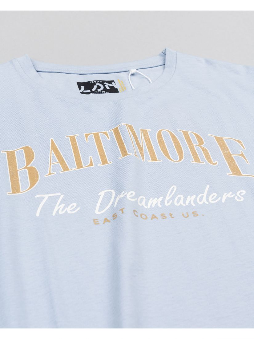 Μπλούζα κοντομάνικη κροπ βαμβακερή με διάφορα print γαλάζιο