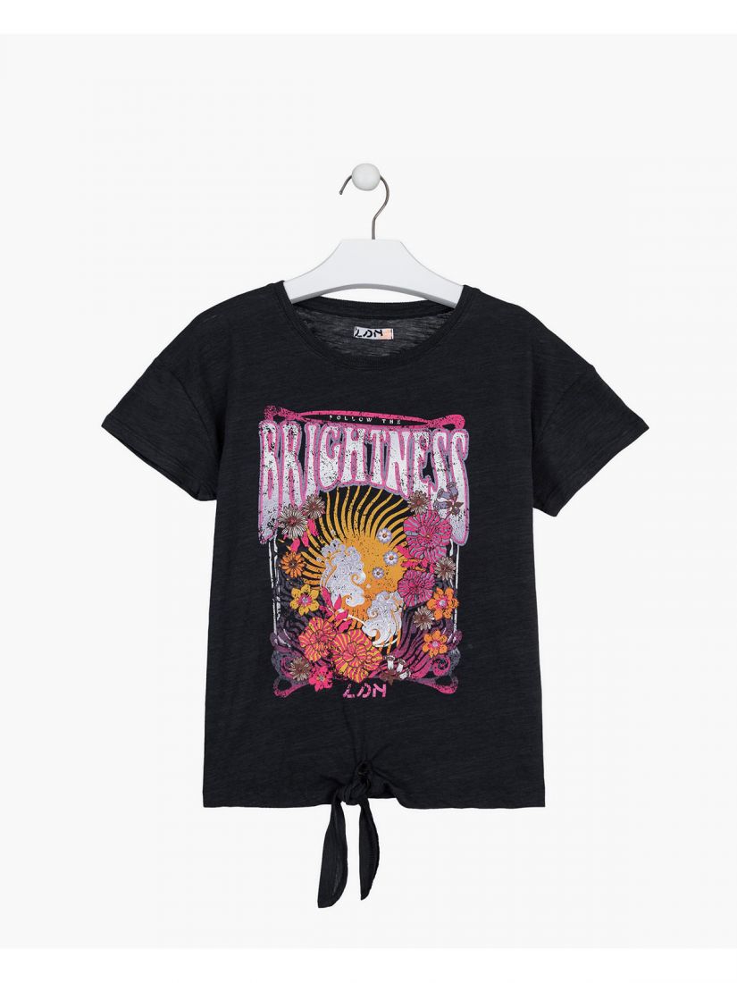 Μπλούζα κοντομάνικη με διάφορα print βαμβακερή μουσταρδί