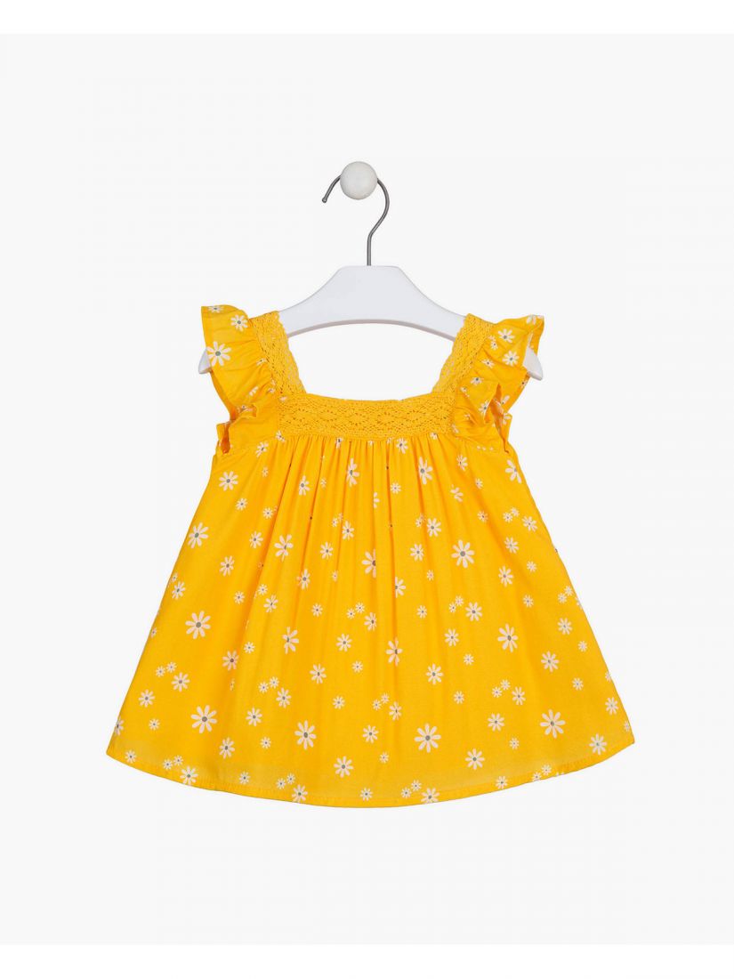 Βρεφικό φόρεμα με δαντέλα και print μαργαρίτες κίτρινο