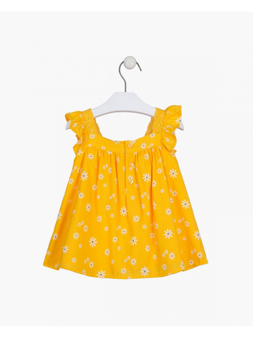 Βρεφικό φόρεμα με δαντέλα και print μαργαρίτες κίτρινο