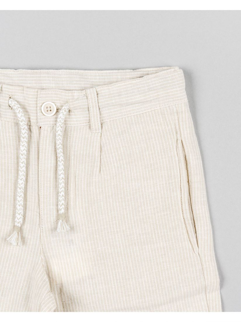 Βερμούδα λινή ριγέ με λάστιχο στη μέση και τσέπες μπεζ