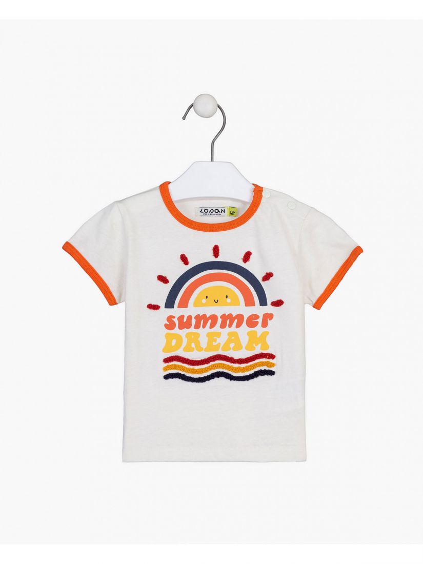 Μπλούζα κοντομάνικη με print Summer Dream και πλεκτές λεπτομέρειες πορτοκαλί