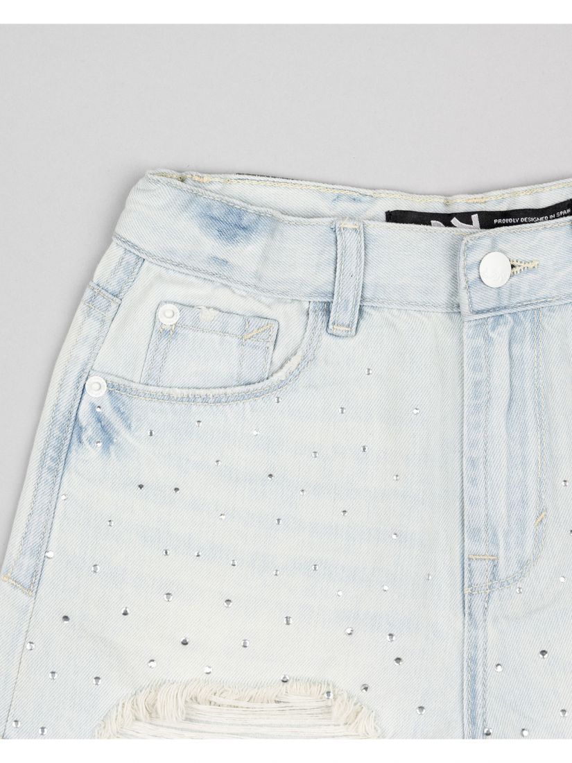 Σορτς τζιν με ξέφτια και στρας μπλε
