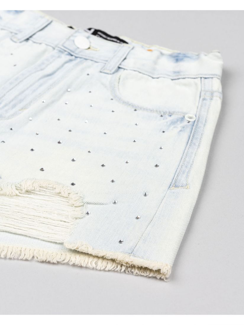 Σορτς τζιν με ξέφτια και στρας μπλε