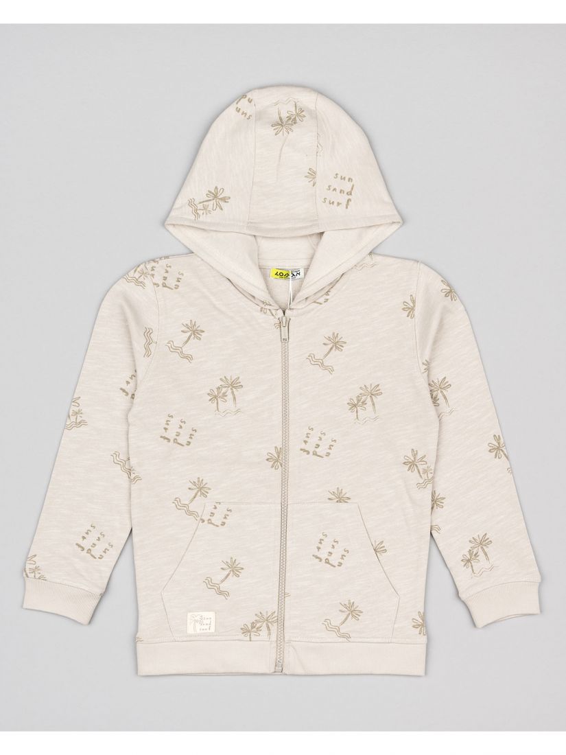 Ζακέτα βαμβακερή με print palm trees με κουκούλα και τσέπες μπεζ