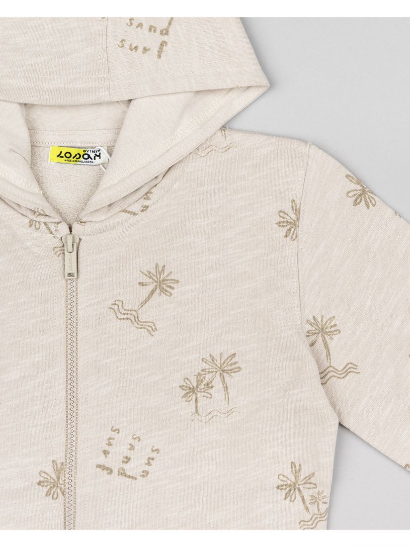 Ζακέτα βαμβακερή με print palm trees με κουκούλα και τσέπες μπεζ