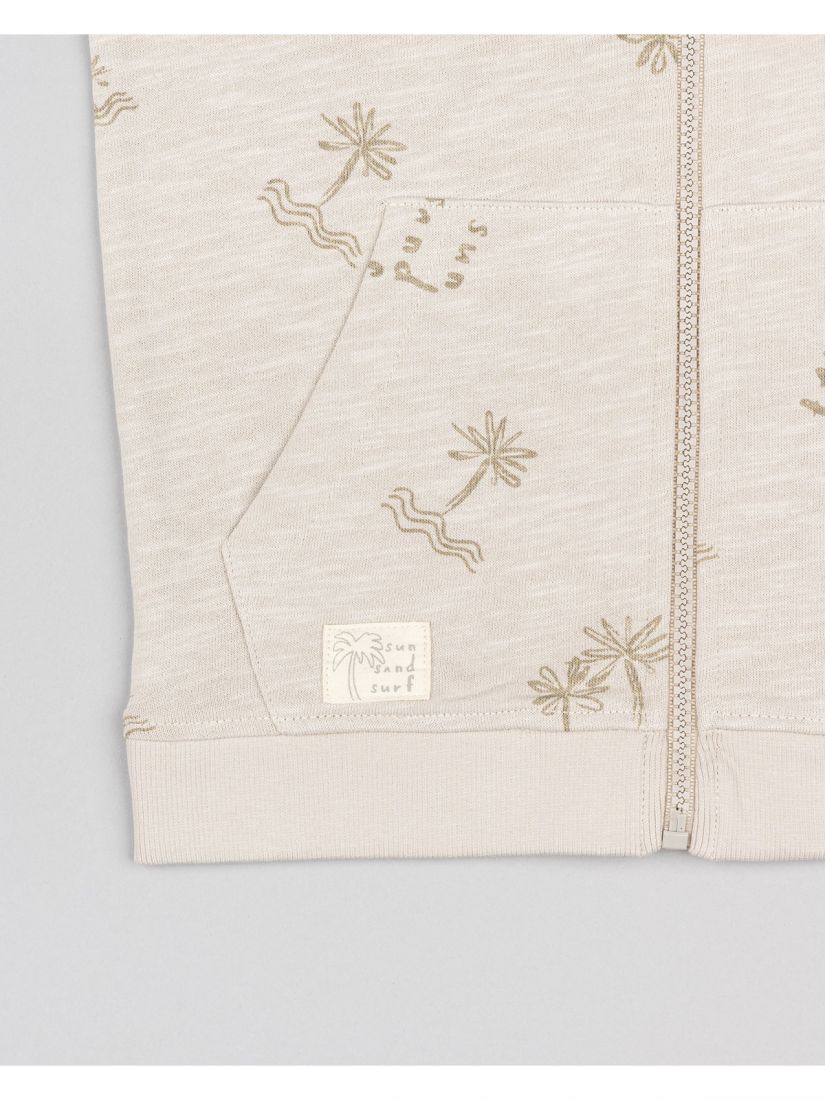 Ζακέτα βαμβακερή με print palm trees με κουκούλα και τσέπες μπεζ