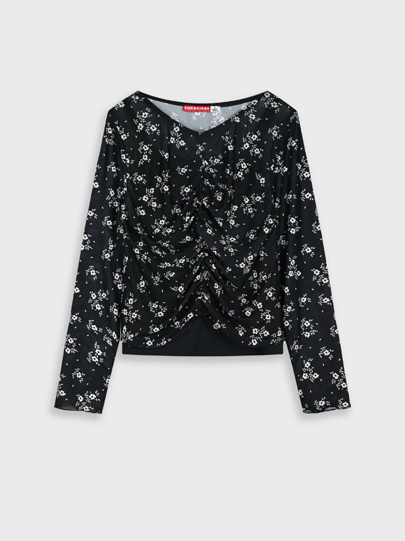Μπλούζα ζορζέτα φλοράλ με σούρες μαύρο