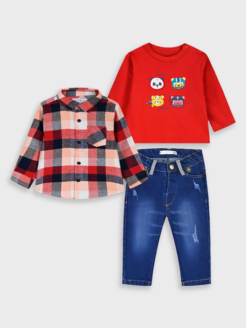 Σετ τριπλέτα μπλούζα διαδραστική, καρώ πουκάμισο και παντελόνι τζιν κόκκινο
