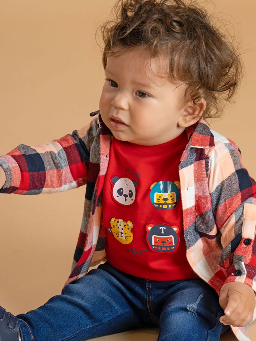 Σετ τριπλέτα μπλούζα διαδραστική, καρώ πουκάμισο και παντελόνι τζιν κόκκινο