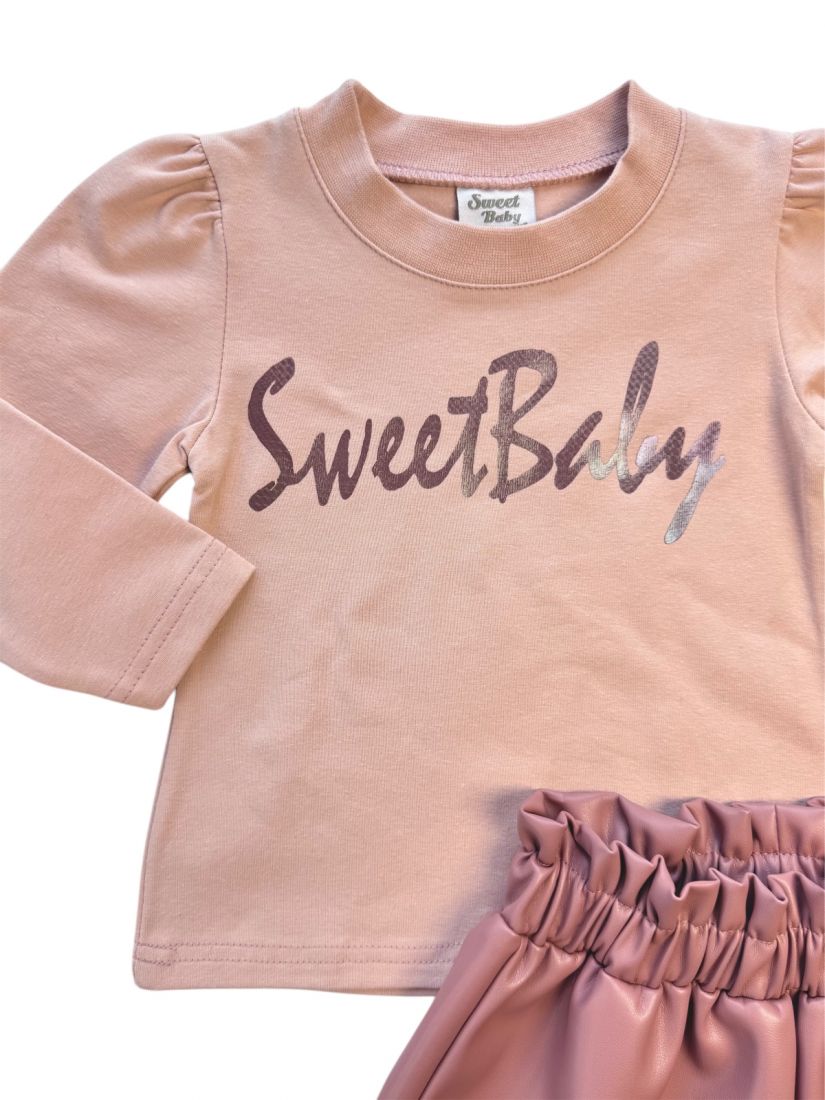 Σετ μπλούζα με print Sweet Baby και δερματίνη σορτς  ροζ