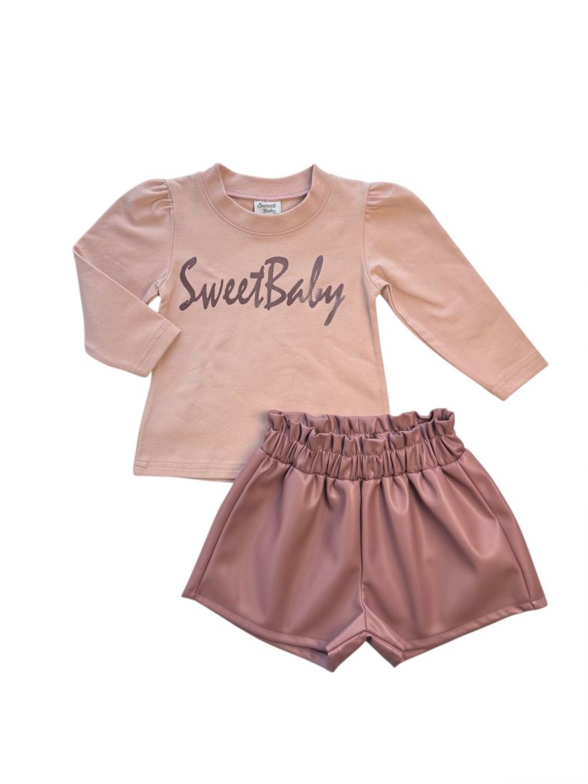 Σετ μπλούζα με print Sweet Baby και δερματίνη σορτς  ροζ