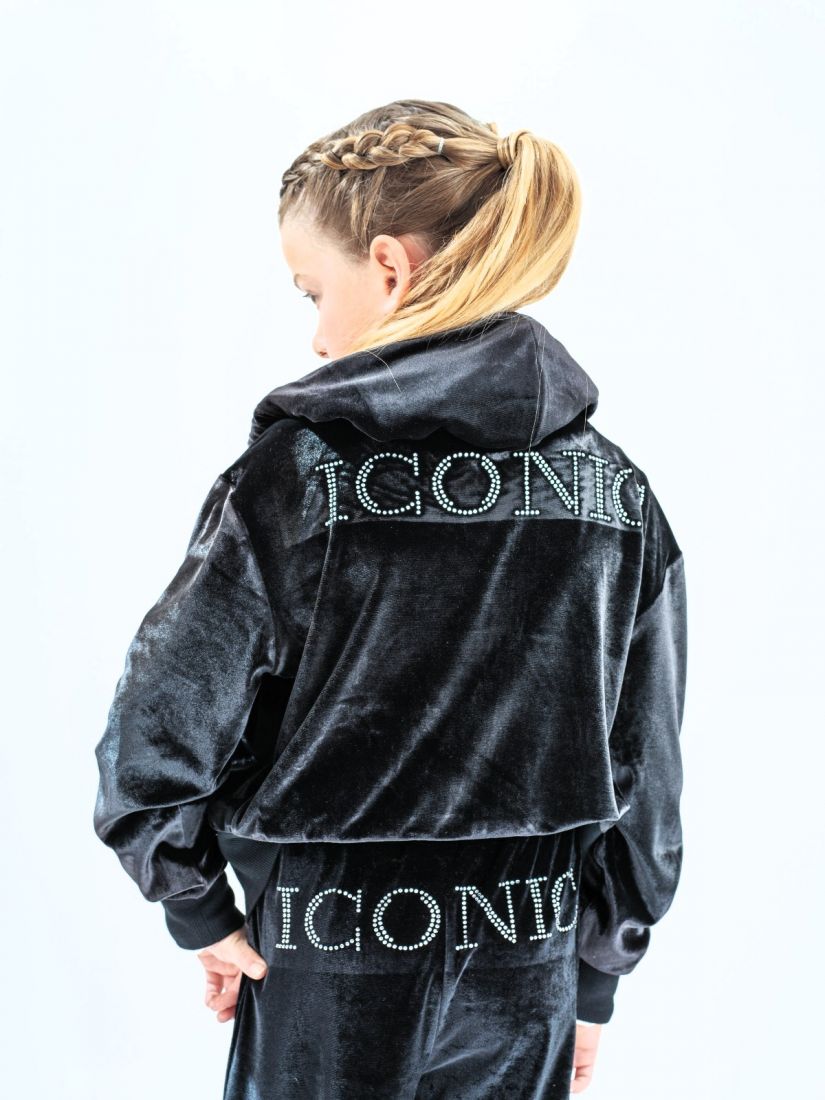 Ζακέτα κροπ βελούδο με glitter print ICONIC μαύρο