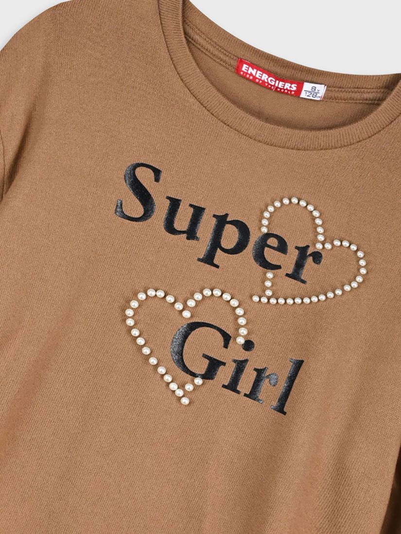 Μπλούζα με print Super Girl με καρδιές από πέρλες μπεζ