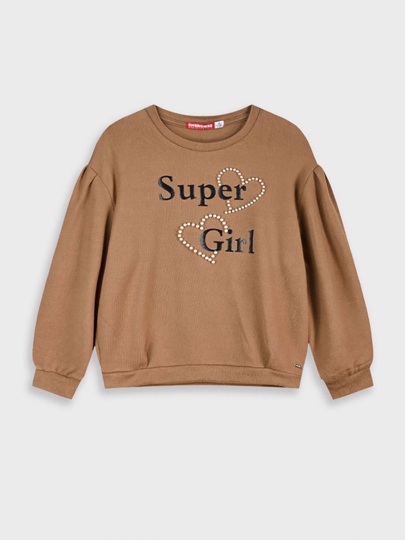 Μπλούζα με print Super Girl με καρδιές από πέρλες μπεζ