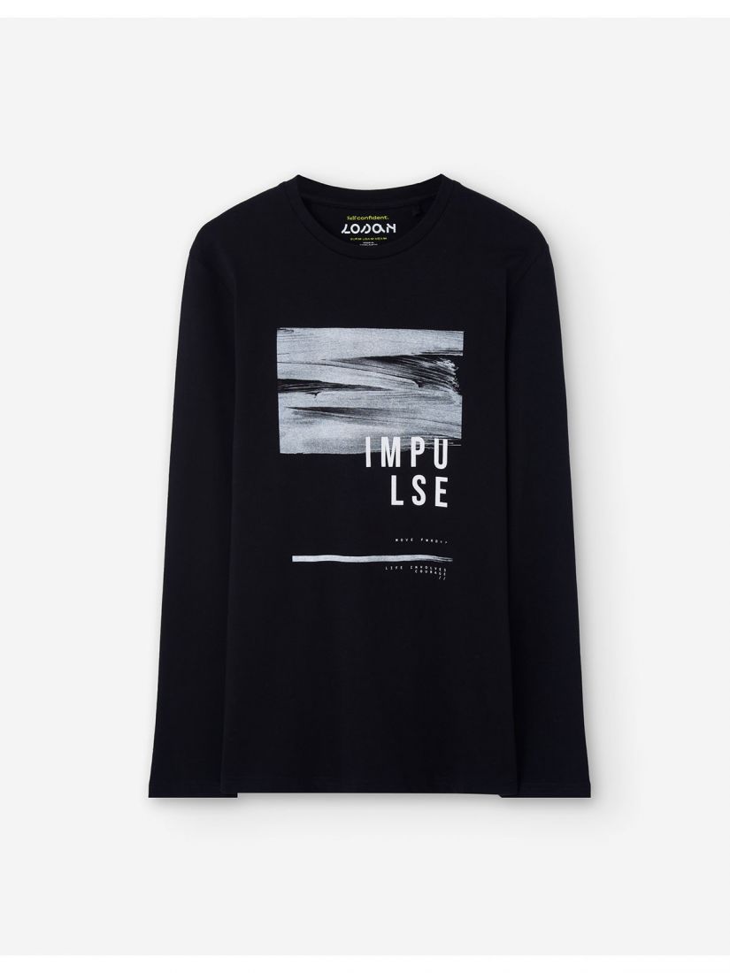 Μπλούζα μακρυμάνικη μονόχρωμη με print Impulse μαύρο